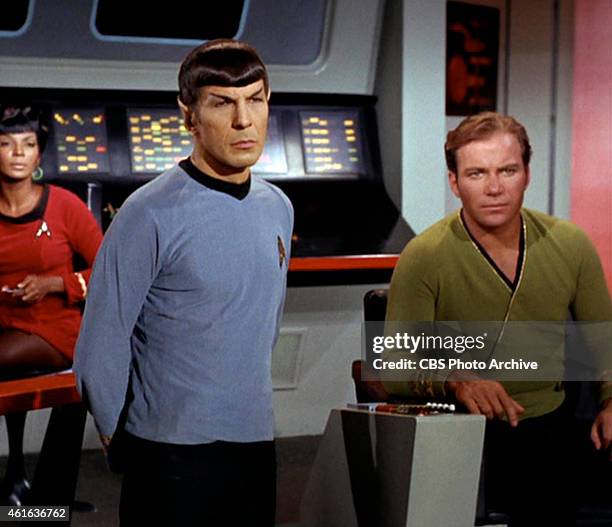 Star Trek the Original Series Season 2 Episode 15 " The Trouble With Tribbles " Pictured: from left: Nichelle Nichols as Uhura, Leonard Nimoy as Mr....