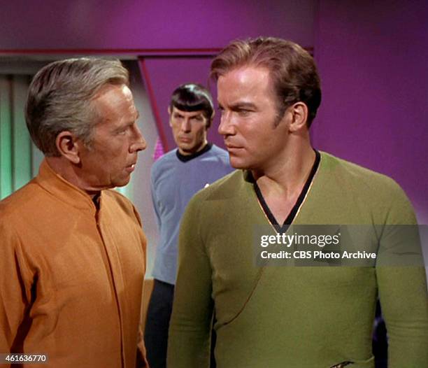 Star Trek the Original Series Season 2 Episode 15 " The Trouble With Tribbles " Pictured: from left: Whit Bissell as Lurry, Leornard Nimoy as Mr....