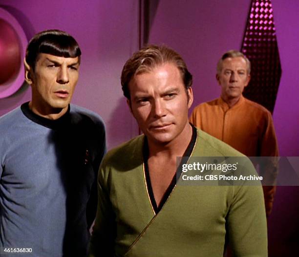 Star Trek the Original Series Season 2 Episode 15 " The Trouble With Tribbles " Pictured: from left: Leornard Nimoy as Mr. Spock, William Shatner as...