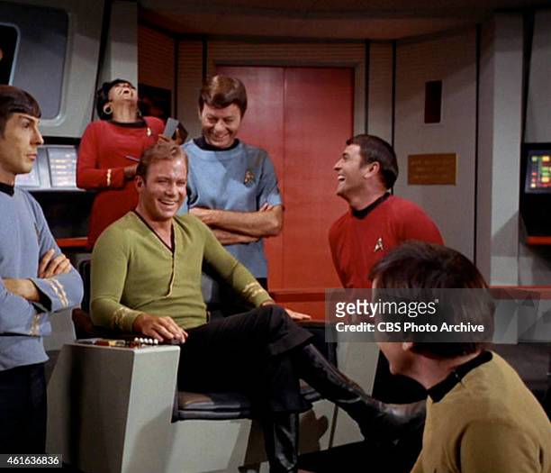 Star Trek the Original Series Season 2 Episode 15 " The Trouble With Tribbles " Pictured from left: Leonard Nimoy as Mr. Spock, Nichelle Nichols as...