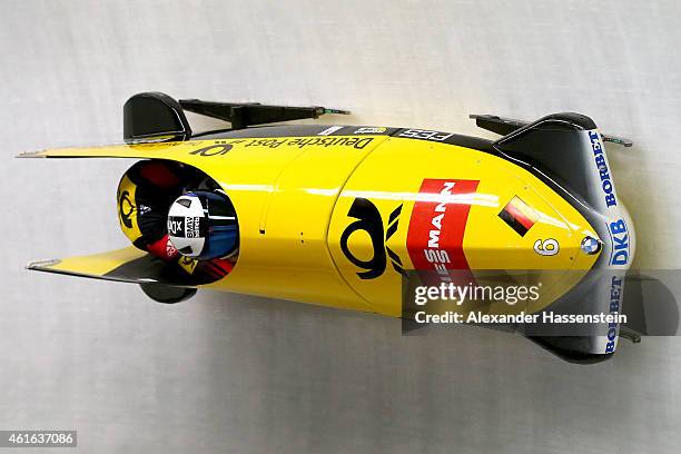 Pilot Anja Schneiderheinze and Annika Drazek of Germany compete during the Viessmann FIBT World Cup at Deutche Post Eisarena on January 16, 2015 in...