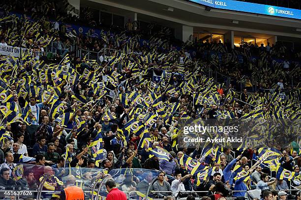 Supporters of Fenerbahce Ulker Istanbul cheer during the Euroleague Basketball Top 16 Date 3 game between - Turkish Airlines Euroleague Top 16 at...