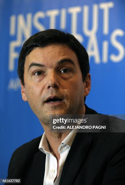 French economist Thomas Piketty speaks during a press conference in Buenos Aires on January 16, 2015. Piketty, author of the book "Capital in the...