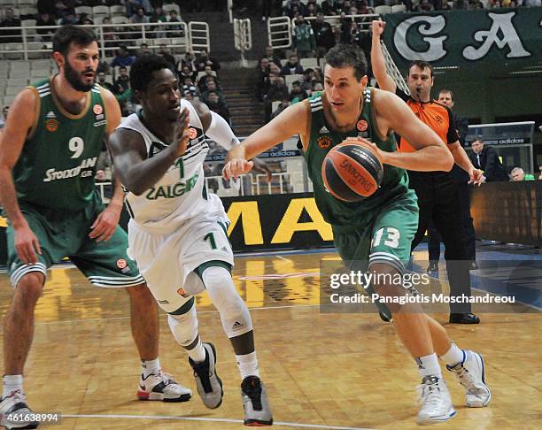 Will Cherry, #1 of Zalgiris Kaunas competes with during the Euroleague Basketball Top 16 Date 3 game between Panathinaikos Athens v Zalgiris Kaunas...