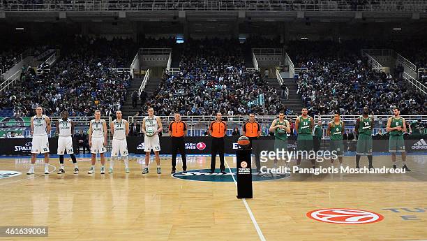 Both teams pose for a family photo during the Euroleague Basketball Top 16 Date 3 game between Panathinaikos Athens v Zalgiris Kaunas at Olympic...