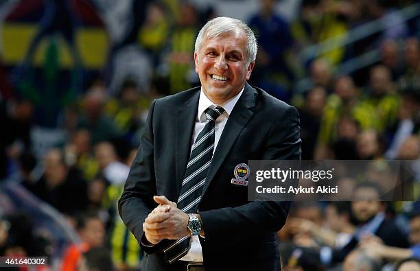 Zeljko Obradovic, Head Coach of Fenerbahce Ulker Istanbullooks on during the Euroleague Basketball Top 16 Date 3 game between - Turkish Airlines...