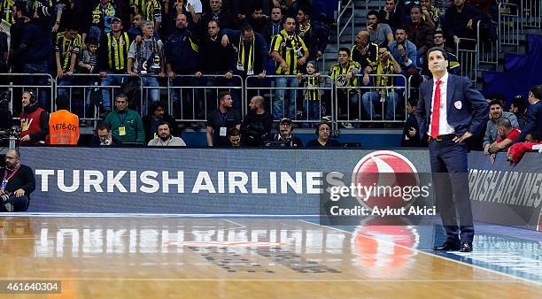 Ioannis Sfairopoulos, Head Coach of Olympiacos Piraeus looks on during the Euroleague Basketball Top 16 Date 3 game between - Turkish Airlines...