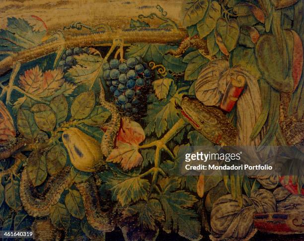Moses' Stories. The Bronze Snake, by Giovanni or Nicolas Karcher 16th Century, tapestry.. Italy, Lombardy, Milan, Duomo Museum. Detail. The edge with...