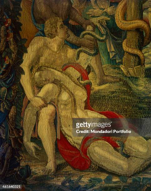 Moses' Stories. The Bronze Snake, by Giovanni or Nicolas Karcher 16th Century, tapestry.. Italy, Lombardy, Milan, Duomo Museum. Detail. A naked woman...