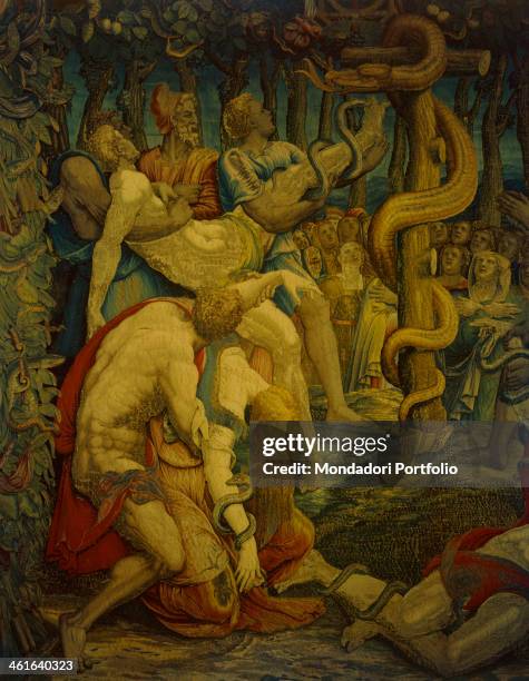 Moses' Stories. The Bronze Snake, by Giovanni or Nicolas Karcher 16th Century, tapestry. Italy, Lombardy, Milan, Duomo Museum. Detail. In a frame of...