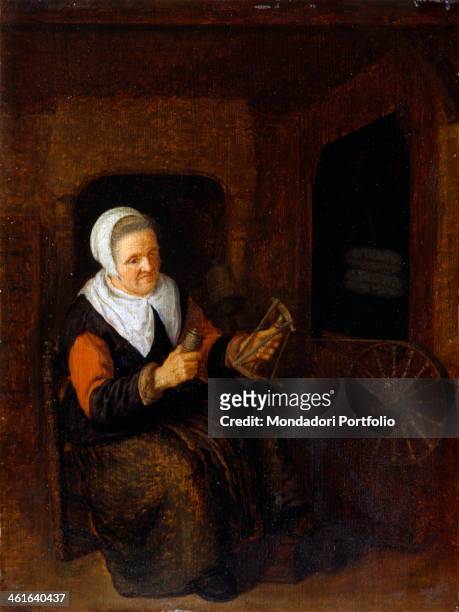 Woman with a Wool-winder, by Abraham de Pape, 1640 - 1650, 17th Century, oil on board, 34 x 25 cm. Italy, Lombardy, Milan, Castello Sforzesco, Civic...