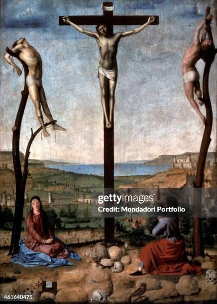 Crucifixion, by Antonello di Antonio also known as Antonello da Messina 15th Century, oil on board. Belgium, Anversa, Royal Museum of Fine Arts....