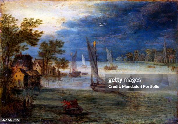 River View with Boats, by Unknown Artist close to Jan Bruegel the Elder also known as Bruegel of the Velvets, end of the 16th Century, oil on copper....