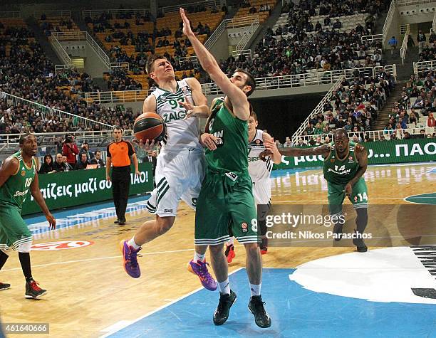 Vlantimir Giankovitis, #8 of Panathinaikos Athens competes with Edgaras Ulanovas, #92 of Zalgiris Kaunas during the Euroleague Basketball Top 16 Date...