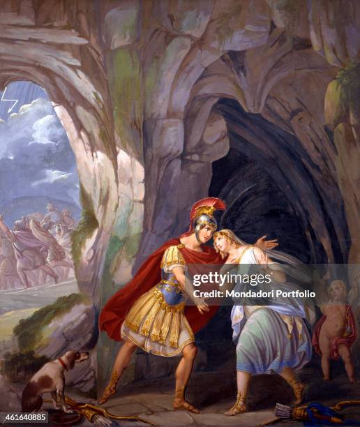 Aeneas and Dido in the cave, by Sebastiano Santi 19th Century, fresco. Italy, Veneto, Rovigo, Camerini Palace. Whole artwork view. Aeneas meets Dido...