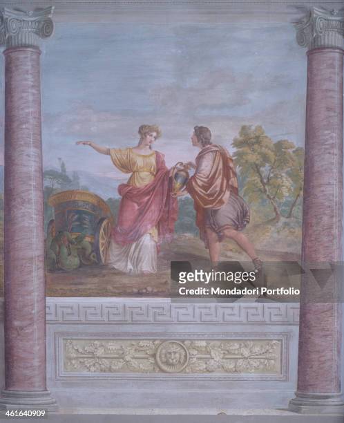 Zephyr and Flora, by Giovanni Biasin, 1850 - 1899, 19th Century, tempera on wall. Italy, Veneto, Rovigo, Gobbati Palace. Whole artwork view. Flora...