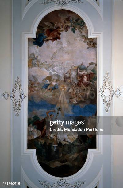 Baptism of Jesus, by Giovan Battista Canal 19th Century, fresco. Italy, Veneto, Costa di Rovigo, Parrish Church. Whole artwork view. John the...