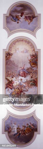 Mary's Assumption in Heaven and Theologal Virtues, by Sebastiano Santi 19th century, fresco. Italy, Veneto, Ponzano Veneto, Paderno di Ponzano,...