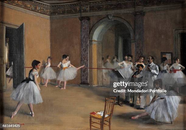 Dance Foyer at the Opera, by Edgar Degas 19th Century, oil on canvas. France, Paris, Orsay Museum. Whole artwork view. A group of dancers warming up...