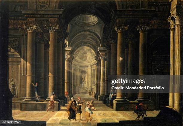 Inside perspective of a palace with mythologicals scene, by unknown emilian artist 18th century, oil on canvas. Italy, Lombardy, Milan, Castello...