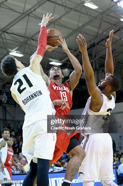 Glen Rice Jr. #19 of the Rio Grand Vally Vipers drives hard to the hoop against the Erie Bayhawks during the 2015 NBA D-League Showcase presented by...