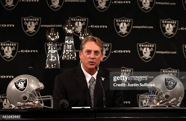 Oakland Raiders new head coach Jack Del Rio speaks during a news conference on January 16, 2015 in Alameda, California. The Oakland Raiders announced...