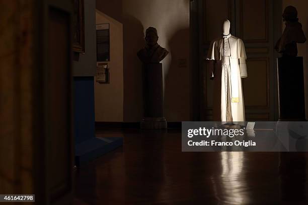 Dress by Italian costume designer Lina Nervi Taviani worn by Michel Piccoli in the movie 'We Have a Pope' by Nanni Moretti is shown during the 'I...