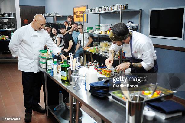 Last Chance Kitchen" Episode 405 -- Pictured: Tom Colicchio, Katsuji Tanabe, Rebecca LaMalfa, Aaron Grissom, Katie Weinner, Ron Eyester, James...