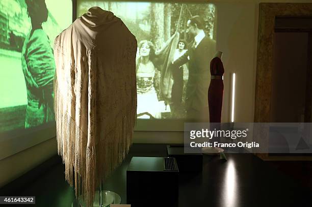 Shawl worn by Francesca Bertina in the movie 'Assunta Spina' is shown during the 'I Vestiti Dei Sogni' Exhibition Opening at Palazzo Braschi on...