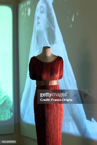 Dress by costume designer Mariano Fortuny y Madrazo is shown during the 'I Vestiti Dei Sogni' Exhibition Opening at Palazzo Braschi on January 16,...