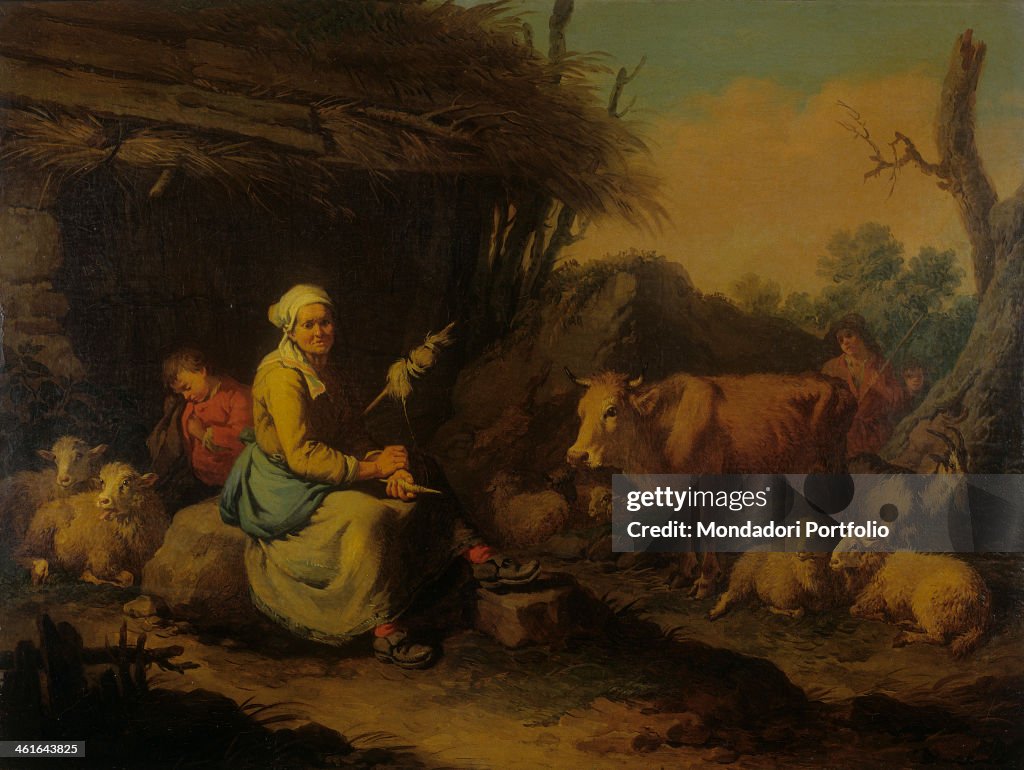 Old Peasant Spinner next to a Cattle, by Francesco Londonio, 1775, 18th Century, oil on canvas