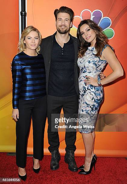 Actors Elisha Cuthbert, Nick Zano and Kelly Brook arrive at NBCUniversal's 2015 Winter TCA Tour - Day 2 at The Langham Huntington Hotel and Spa on...