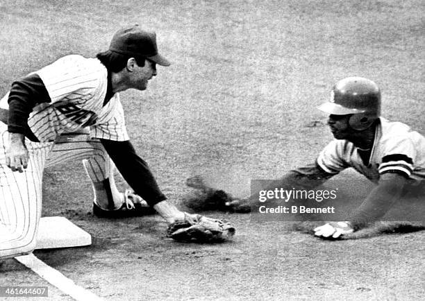 Lonnie Smith of the St. Louis Cardinals is tagged out by Paul Molitor of the Milwaukee Brewers during Game 5 of the 1982 World Series on October 17,...