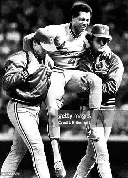 Pitcher Joaquin Andujar of the St. Louis Cardinals is carried off the field after being hit by a line drive off the bat of Ted Simmons of the...