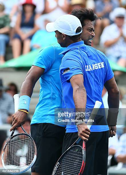 Leander Paes of India and Raven Klassen of South Africa celebrate after winning their doubles final match against Dominic Inglot of Great Britain and...