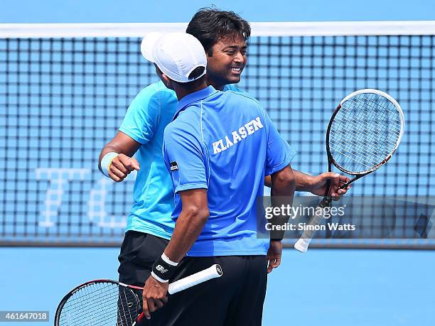 Leander Paes of India and Raven Klassen of South Africa celebrate after winning their doubles final match against Dominic Inglot of Great Britain and...