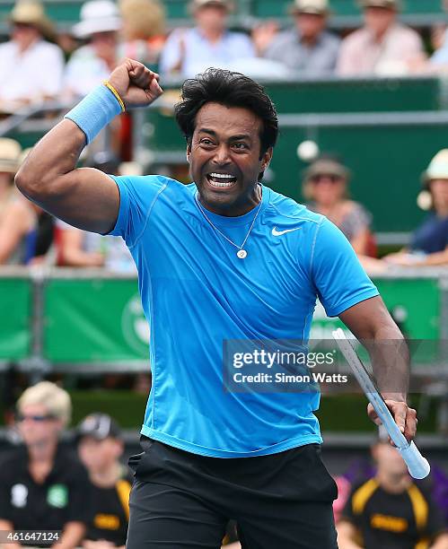 Leander Paes of India celebrates after winning his doubles final match with partner Raven Klassen of South Aftric against Dominic Inglot of Great...