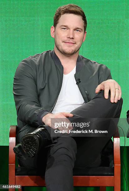 Actor Chris Pratt speaks onstage during the 'Parks and Recreation' panel discussion at the NBC/Universal portion of the 2015 Winter TCA Tour at the...