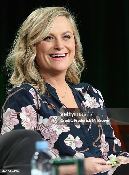 Actress Amy Poehler speaks onstage during the 'Parks and Recreation' panel discussion at the NBC/Universal portion of the 2015 Winter TCA Tour at the...