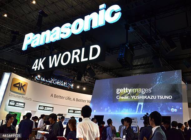 This picture taken on October 1, 2013 shows Japanese electronics giant Panasonic's "4K" television set, which has 3,840 x 2,160 pixels and four times...