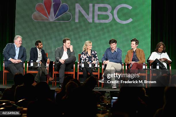 Actors Jim O'Heir, Aziz Ansari, Chris Pratt, Amy Poehler, executive producer Mike Schur, actors Adam Scott and Retta speak onstage during the 'Parks...