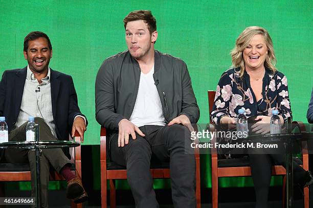 Actors Aziz Ansari, Chris Pratt and Amy Poehler speak onstage during the 'Parks and Recreation' panel discussion at the NBC/Universal portion of the...