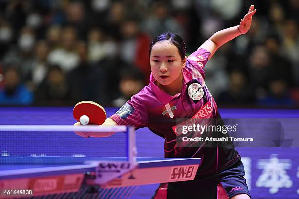 Mima Ito of Japan competes in the Women's Singles during day six of All Japan Table Tennis Championships 2015 at Tokyo Metropolitan Gymnasium on...