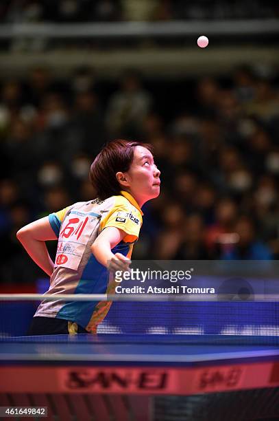 Kasumi Ishikawa of Japan serves in the Women's Singles during day six of All Japan Table Tennis Championships 2015 at Tokyo Metropolitan Gymnasium on...