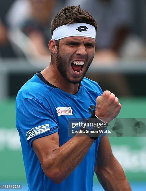 Jiri Vesely of the Czech Republic celebrates a point during his singles final match against Adrian Mannarino of France during day seven of the 2015...