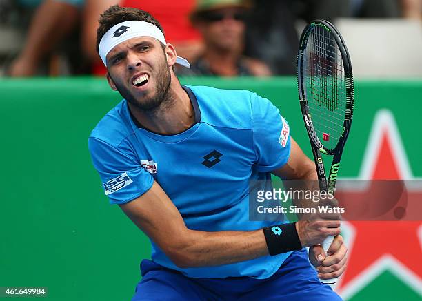 Jiri Vesely of the Czech Republic celebrates a point during his singles final match against Adrian Mannarino of France during day seven of the 2015...