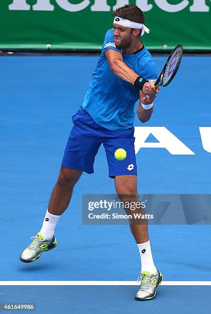 Jiri Vesely of the Czech Republic celebrates a point during his singles final match against Adrian Mannarino of France during day seven of the 2015...