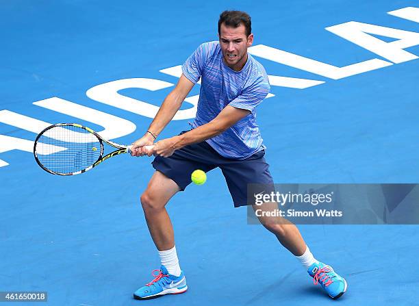 Adrian Mannarino of France looks to hit a shot during his singles final match against Jiri Vesely of the Czech Republic during day seven of the 2015...