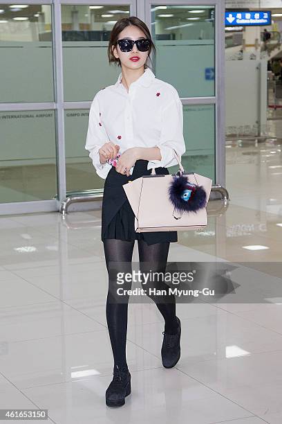 Suzy of South Korean girl group Miss A is seen upon arrival at Gimpo International Airport on January 16, 2015 in Seoul, South Korea.
