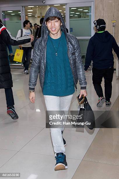 Dong Woo of South Korean boy band Infinite is seen upon arrival at Gimpo International Airport on January 16, 2015 in Seoul, South Korea.